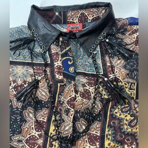 Vtg Simon Chang Collection patchwork print shirt with chains tassels 6